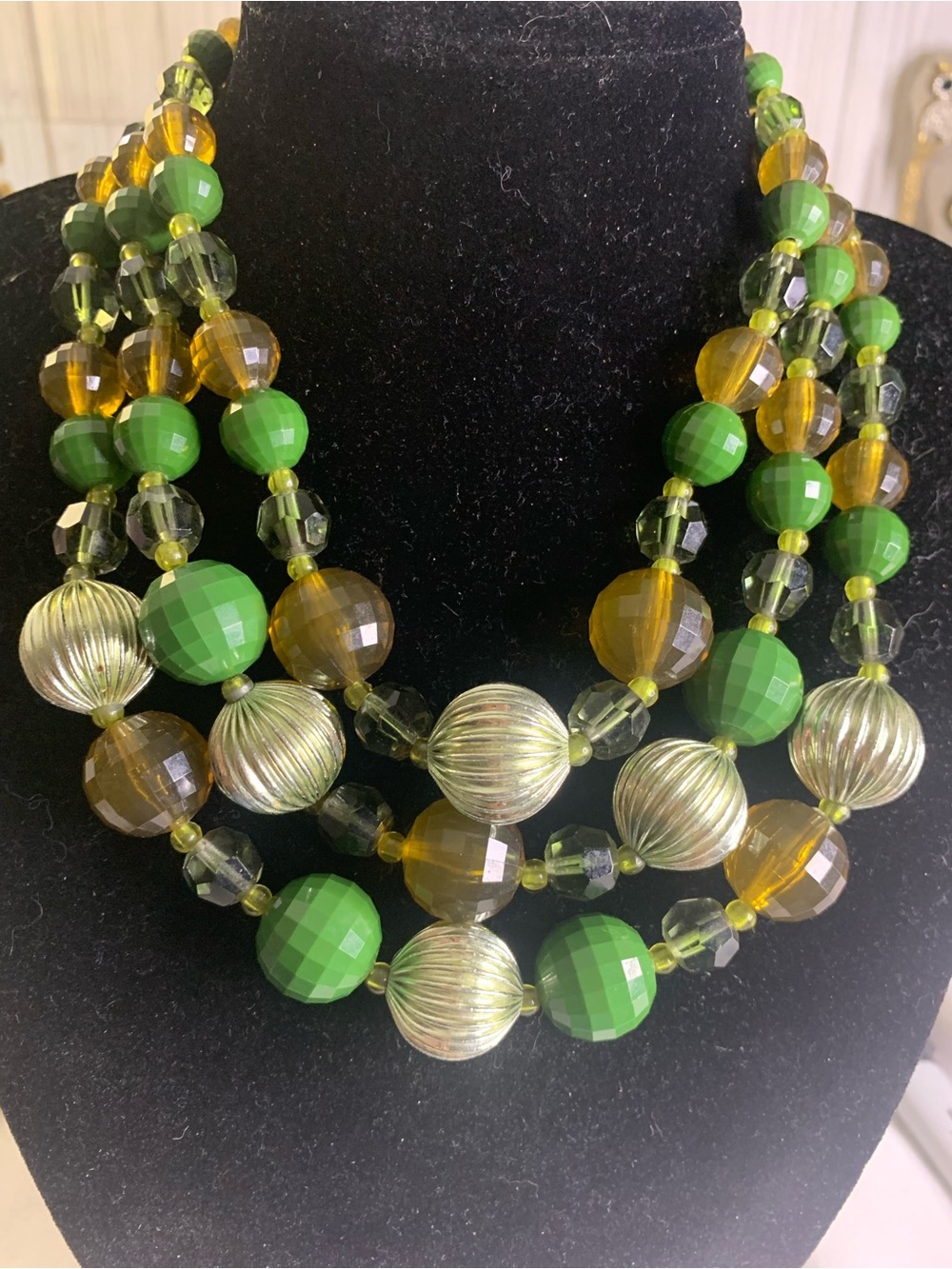 Multi-Strand Green and Amber Beaded Statement Necklace - Unbranded